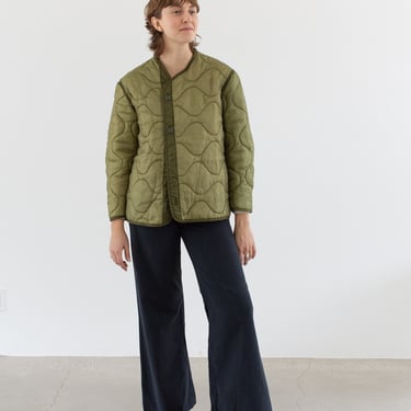 Vintage Green Liner Jacket | Unisex Wavy Quilted Nylon Coat | M | LI153 
