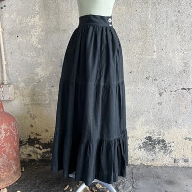 Vintage 1930s Black Linen Skirt Dress Full Length Maxi Abalone Button Sportswear