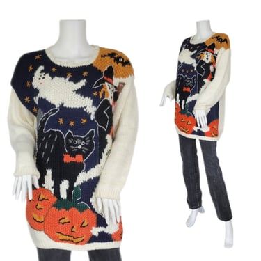 1990's Hand Knit Ramie Cotton Halloween Theme Oversized Pullover Sweater I Sz Med - Lrg I Shenanigans 