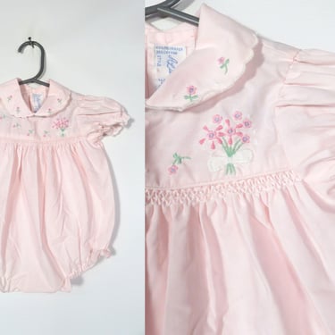 Vintage 80s/90s Kids Pastel Pink Embroidered Spring Flower Onesie Size 3-6M 