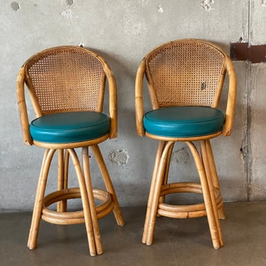 Pair Of Vintage Rattan Swivel Bar Arm Stools