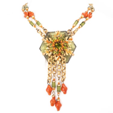 Miriam Haskell Coral Glass and Green Lucite Chain Necklace