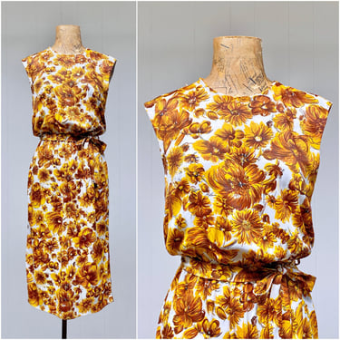Vintage 1960s Brown Floral Nylon Dress, Mid-Century Summer Sheath, Medium 38" Bust 