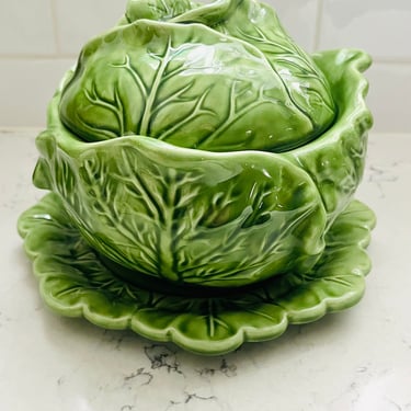 Vintage Holland Mold Green Cabbage Lidded Bowl with Lettuce Underplate Signed Majolica & Bordello Style by LeChalet