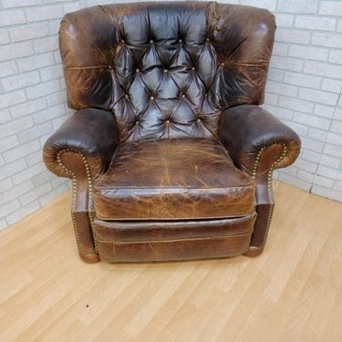 Vintage Rustic Brown Distressed Tufted Leather Wingback Barcalounger Recliner