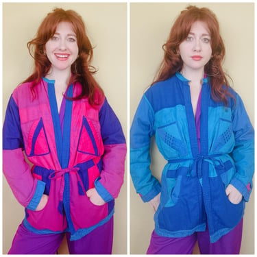 1980s Vintage Cotton Color Black Patchwork Jacket / 80s Pink and Blue Reversible Wrap Coat / One Size 