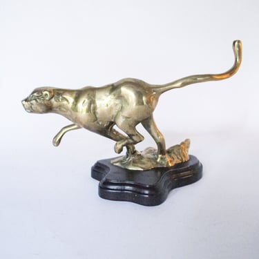 Mounted Brass Cougar Sculpture Figure Vintage 