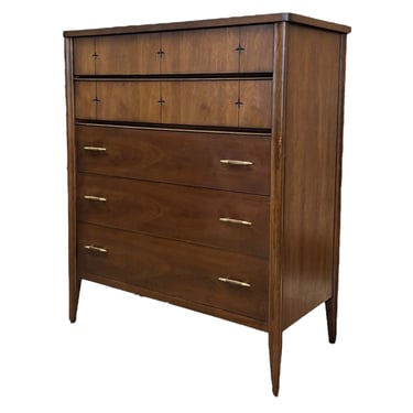Free Shipping Within Continental US -  Vintage Mid Century Walnut Wood Highboy Dresser Dovetail Drawers. Cabinet Storage. 