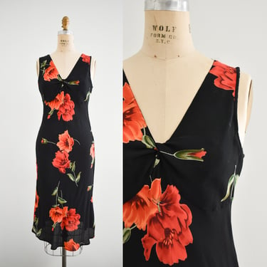 1990s Black and Red Floral Bias Midi Dress 