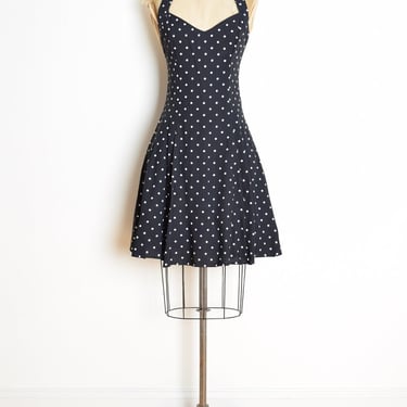 vintage 80s dress black white polka dot print halter full mini party dress M clothing 