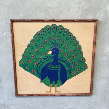 Vintage Handmade Framed Peacock Tapestry