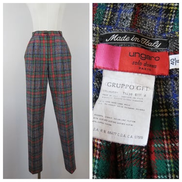 Vintage 1980s plaid pants, high waist pleated trousers, Ungaro, designer, tapered leg, size xs, small 