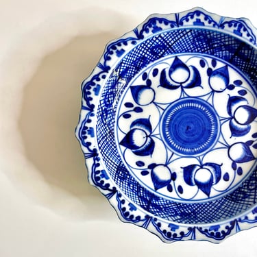 Vintage Blue and White Porcelain China Pedestal Dish, Compote, Cupcake Plate - Hand Painted, Jewelry Dish, Thailand, Scallop Edge, 