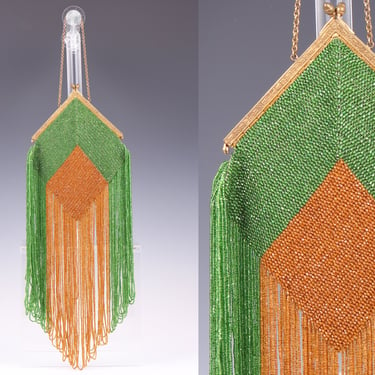 Vintage 1900's Green & Caramel Beaded Loop Fringe Purse • 00's Art Deco Evening Bag 
