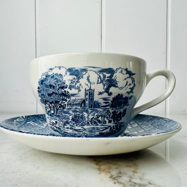 Vintage Enoch Wedgwood Large tea cup and saucer, Dickens Coaching Days pattern, blue and white, for farmhouse country decor 