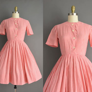 vintage 1950s dress | Classic Red Gingham Print Short Sleeve Full Skirt Cotton Dress | Small Medium | 50s vintage dress 