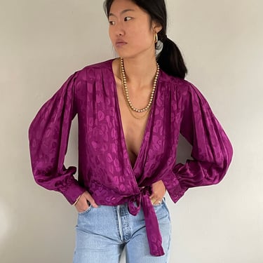 90s silk wrap blouse / vintage violet magenta 100 silk jacquard plunging front wrap self tie puffed balloon sleeve cropped blouse | Medium 