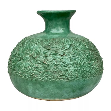 Mid-Century Atomic Green Stoneware Squat Vase