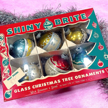 VINTAGE: 6pcs - RARE Red Max Eckardt & Sons Shiny Brite Ornaments in Half Dozen Box - Old Distressed Christmas Ornaments - Holliday 