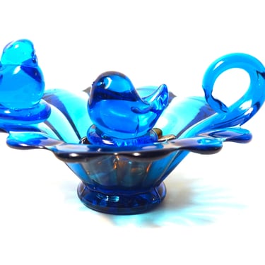 Vintage Peacock Blue Art Glass Bird Figurines 