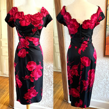 Exquisite Vintage 1950s Red Rose Silk Cocktail Party Dress by 