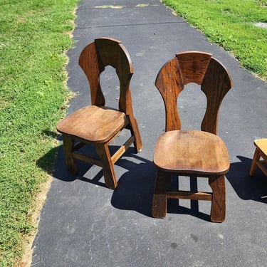 Mid Century Brutalist Chairs. Heavy Oak. Two of Six. 