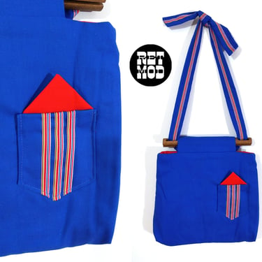 NWOT Vintage 70s 80s Blue Tote Bag with Red Stripe Trim and Pocket 
