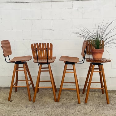 Pair of Wooden Slatted MCM Style Barstools