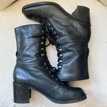 Vintage 90s LACE UP Granny Combat Edwardian Boots / Stacked Block Heel / Nine West / 7.5 