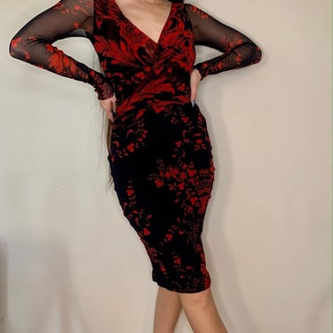 Y2K FUZZI Red and Black Printed Mesh Long Sleeve Dress by VintageRosemond