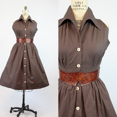 1950s cut in shoulders shirtwaist dress medium | vintage cotton dress | new in 