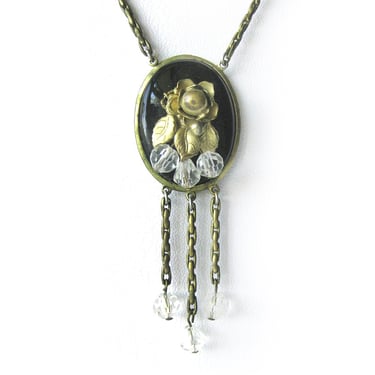 Czech Glass Victorian Pendant with Gold Flowers and Dangling Clear Beads, Black Glass Medallion, Link Chain Floral Necklace 