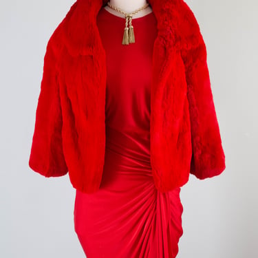 Fabulous 1960's Cherry Red Sheared Fur Chubby Jacket With Pockets / M