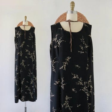 dark floral maxi dress - xl - vintage 90s y2k black botanical womens size extra large sleeveless long pretty dress 