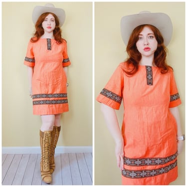 1960s Vintage Coral Cotton Alice California Dress / 60s / Sixties Ribbon Flared Sleeve Knit Dress / Size XL 