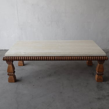 Large Scale Travertine and Carved Wood Coffee Table by Kreiss 