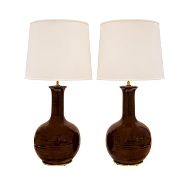 Pair of Exquisite Artisan Porcelain Lamps with Polished Brass Hardware 1960s