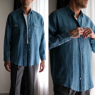 Vintage 90s POLO Ralph Lauren Chambray Blue Linen Long Sleeve Shirt | 100% Linen | Size Medium | 1980s POLO RL Designer Chore Work Shirt 