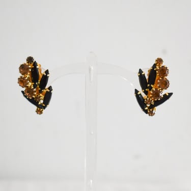 1950s/60s Orange and Black Rhinestone Clip Earrings 