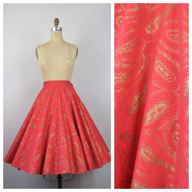 Vintage 1950s circle skirt, paisley, flocked, cotton, holiday, fit and flare, cocktail, holiday, party, size small, 27