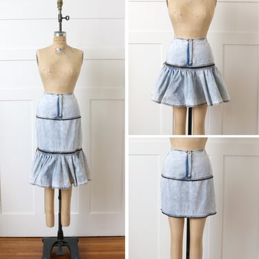 vintage 1980s acid wash denim skirt • convertible zipper midi to mini 'London London' skirt 