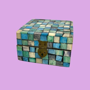 Vintage Decorative Box Retro 1980s Stone Inlay + Blue + Green + White + Checkered + Square Shape + Small Size + Jewelry of Trinket Storage 