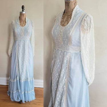 1970s Gunne Sax Prairie Dress Light Blue Cream Lace Sheer Sleeves /70s Designer Boho Romantic Maxi Dress Empire Waist / S / Sufia 
