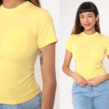 Yellow Pocket Shirt 90s T Shirt Plain TShirt Vintage Crewneck Top Retro Tee Basic Shirt 1990s Youth Medium 2xs xxs 