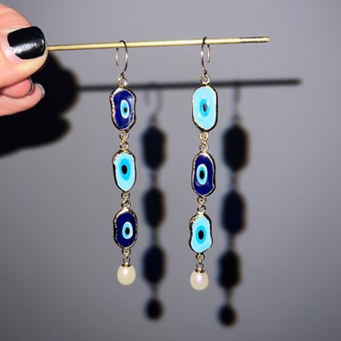 Warped Evil Eye Dangle Earrings with Freshwater Pearl on 14k Goldfilled round ear wire 