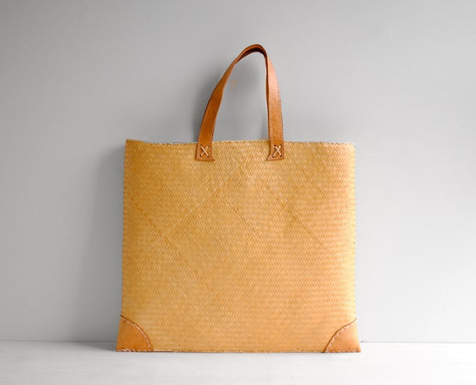 Vintage Straw Bag with Leather Handles, Straw Tote Bag 