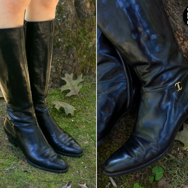 US 6.5 - Fab Vintage 70s 80s Black Patent Leather Salvatore Ferragamo Pointy Toe Boots 