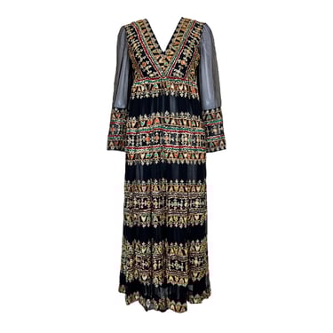 Classic Bohemian Chic 1970's Indian Silk Black Embellished Dress