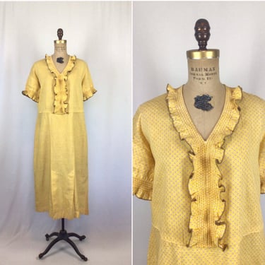 Vintage 30s dress | Vintage yellow cotton print day dress | 1930s ruffled front house dress 