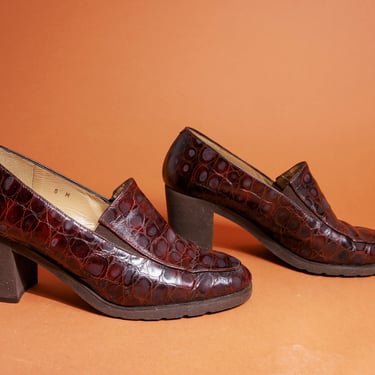 2000s Dark Brown Embossed Loafers Vintage Leather Heel Croc Slip on Heel Loafers 